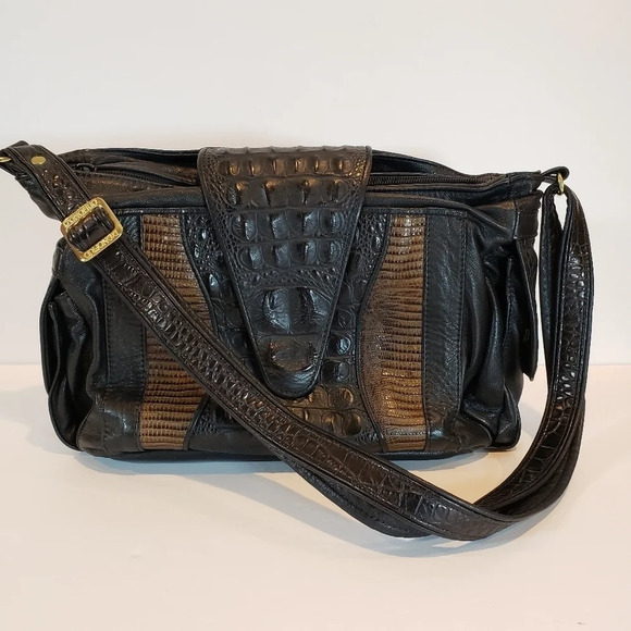 D'ONOFRIO Black Leather Designs Bag Adjustable Strap Crocodile Purse - Picture 16 of 16